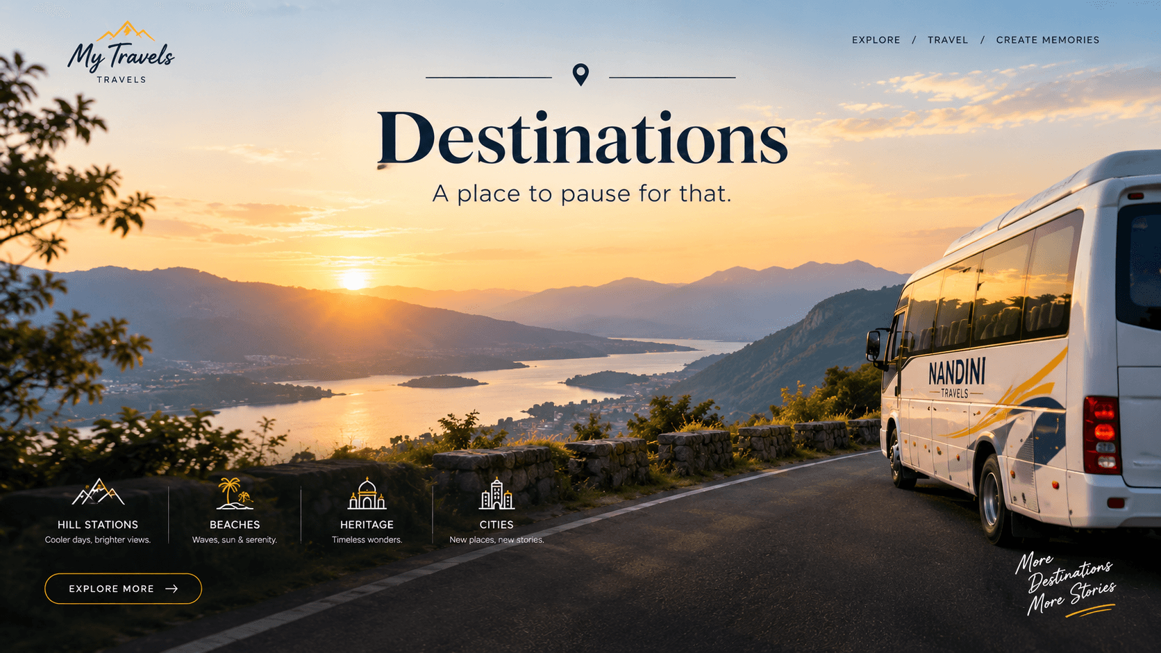 Travel artwork featuring a coach beside a mountain lake at sunset