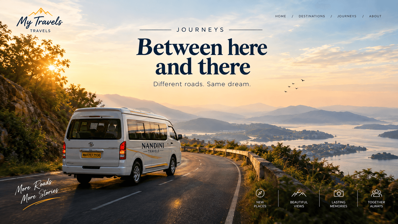 Travel artwork featuring a passenger van on a mountain road at sunrise
