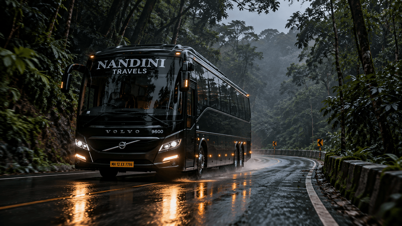 Coach traveling on a forest road in the evening