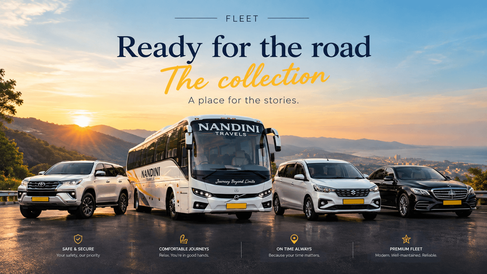 Promotional fleet artwork showing a coach, SUV and cars on a scenic road