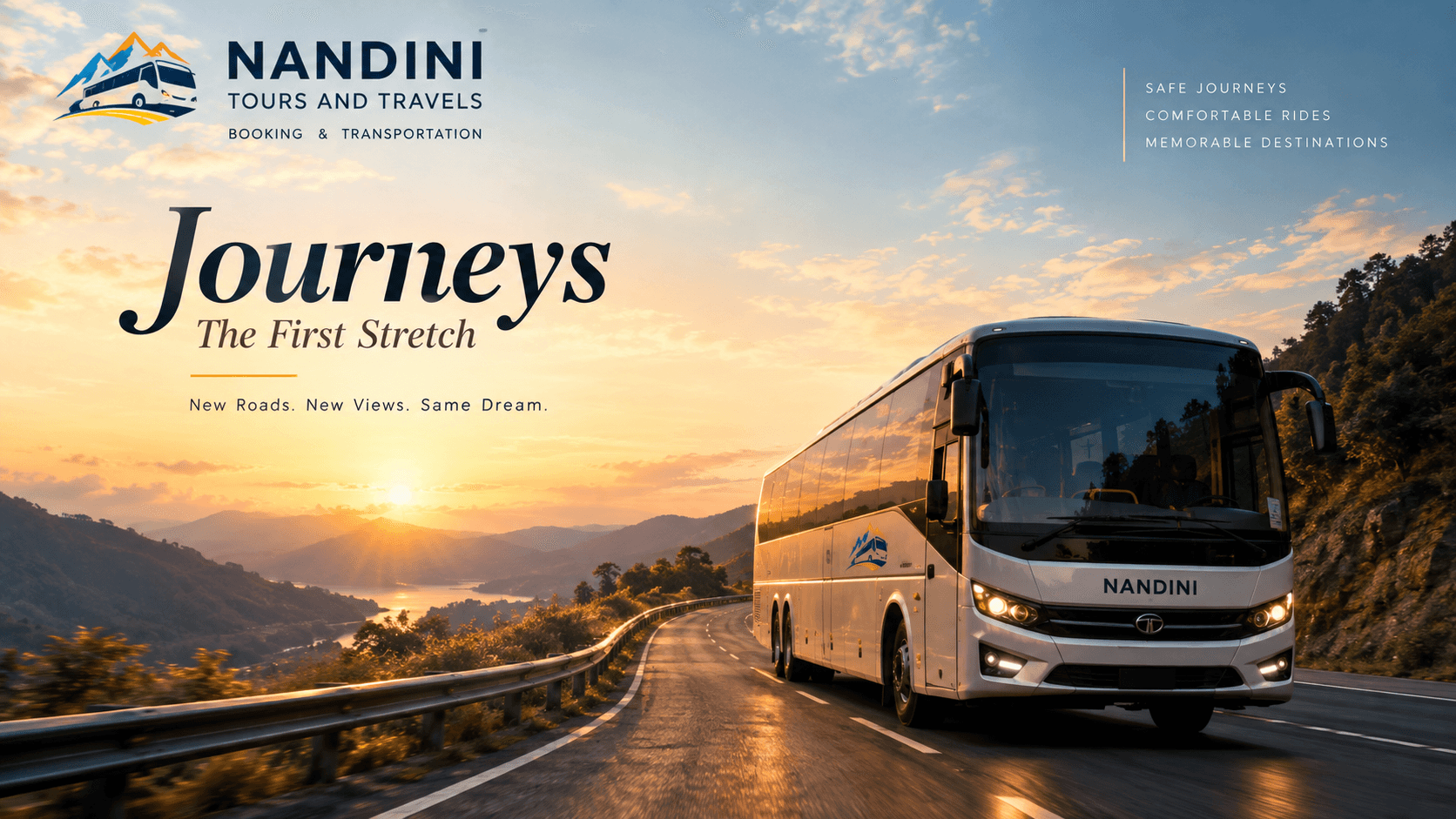 Illustrated travel scene with a Nandini-branded coach on a mountain road at sunset