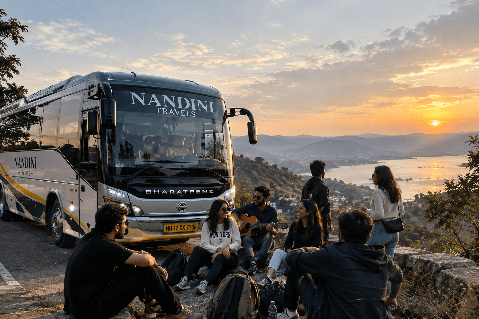 Group of travelers gathered beside a coach overlooking a lake at sunset